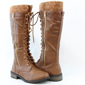 Women Fashion Knee High Lace Up Combat boots sweater opening faux Leather Tan